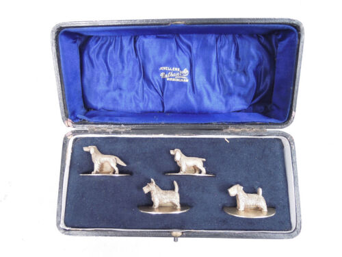 George V Place Card Menu Holders Antique Dog Canine English Sterling Silver 1931 - Picture 1 of 12