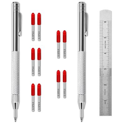 2 Pack Tungsten Carbide Tip Scriber Tool with 10 Refills and 1 Ruler Metal Scrib