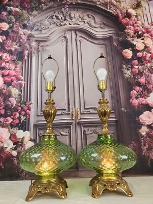 Hollywood Regency Optic Emerald Green Pair Large Table Lamps Mid Century 