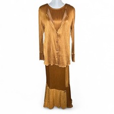 Bracci Handpainted Silk 3 Piece Set Womens Medium Gold Blouse Maxi Skirt Tank