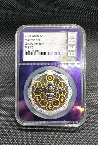 2024 NGC MS70 Malta S5E Maltese Bee Gilt/Ruthenium Limited 1k 1oz AG Fine Silver
