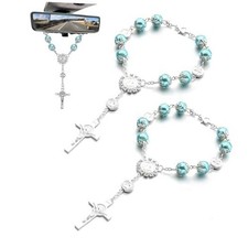 2 PCS Car Rosary for Rearview Mirror, Personalized Blessing Hanging Blue, 2 PCS