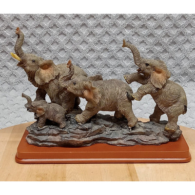 Family Of Wild Elephants Figurine Statue Herd Resin On Base 8'' L x 6'' H