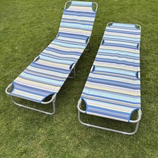 Vintage Retro Style Stripped Sun Loungers Folding Sun-beds x2   