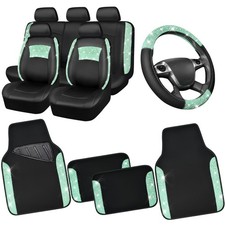 Mint Leather Lace Car Seat Covers Full Set Waterproof Floor Mats Accessories