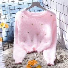 Faux Fur Sweater Knitted Beaded Jumper Round Neck Pullover Warm Knitwear Soft