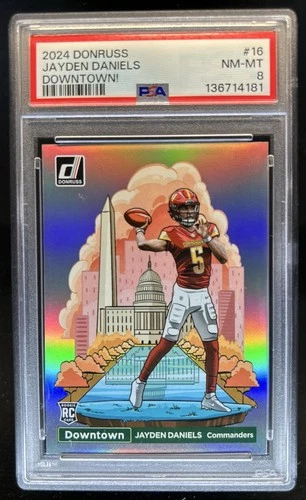2024 Panini Donruss Jayden Daniels Downtown! SSP RC Rookie #16 Commanders PSA 8