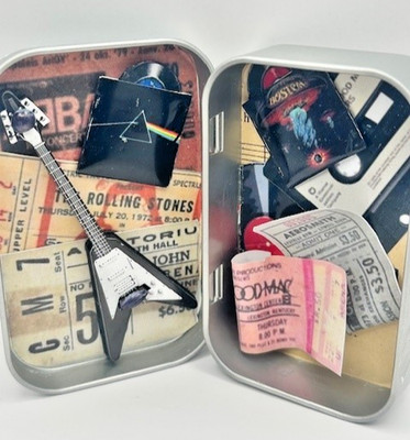 Handmade Rock & Roll Decorative Tin   Mini Guitar, Record Albums & Cassette