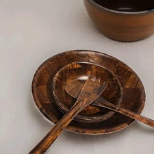 Set of  7 Vintage Parquet Wood Salad/Snack Bowls Used  1-10"  4-6"/Fork & Spoon 