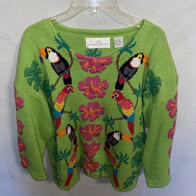 Jane s Closet Pullover Sweater Womens Size Large Green Embroideried Toucan
