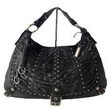 Isabella Fiore Leather Hobo Shoulder Bag Tote Studded Black Silver Large Vintage