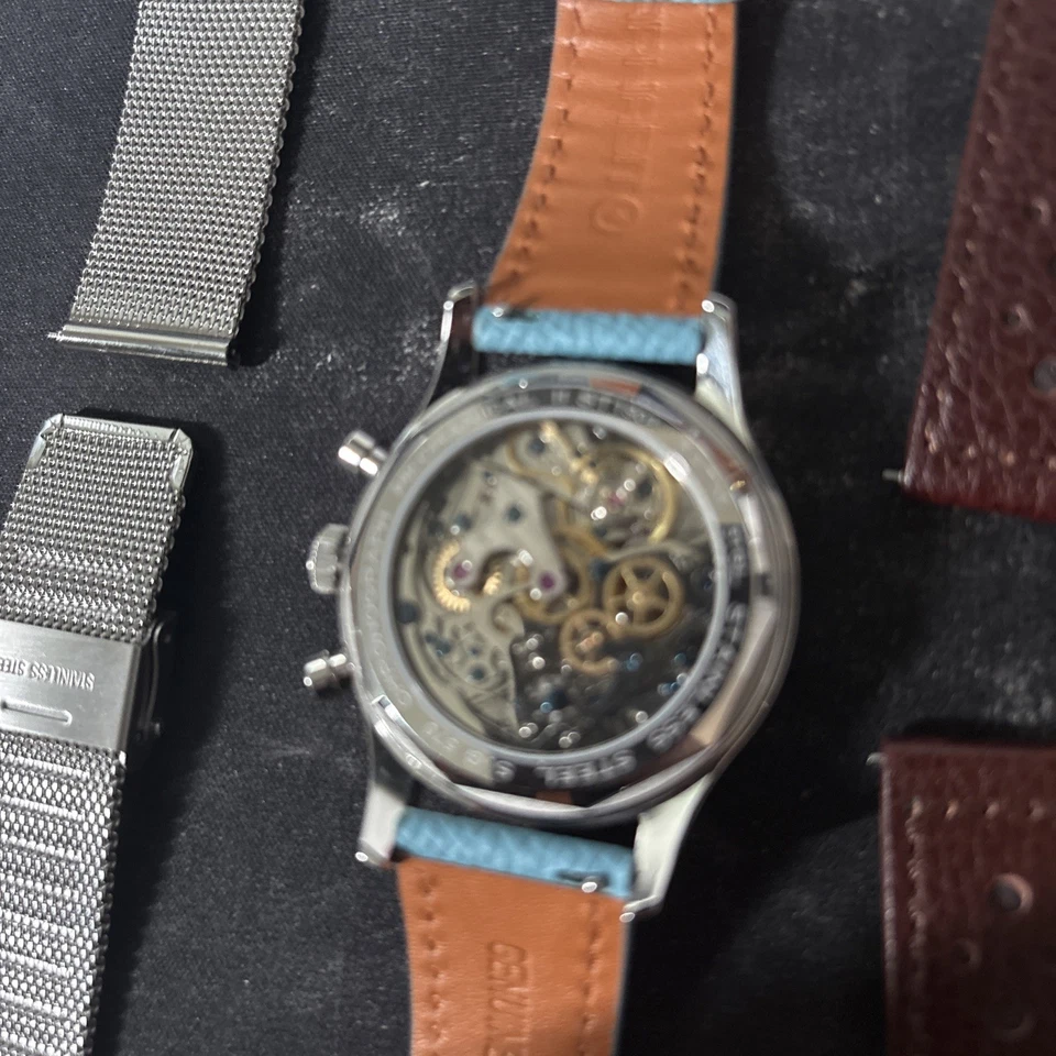 Cronógrafo mecánico Sugess azul y crema cuerda manual ST1901 cuello de cisne Foto 3 de 4