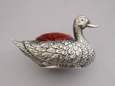 Edwardian Novelty Silver Duck Pin Cushion. By W J Myatt & Co, Birmingham, 1908.