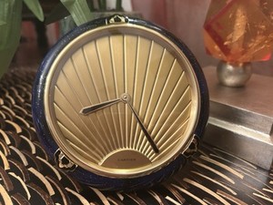 Cartier Art Deco Table Clock. Beautiful Blue enamel & Sun burst brushed brass