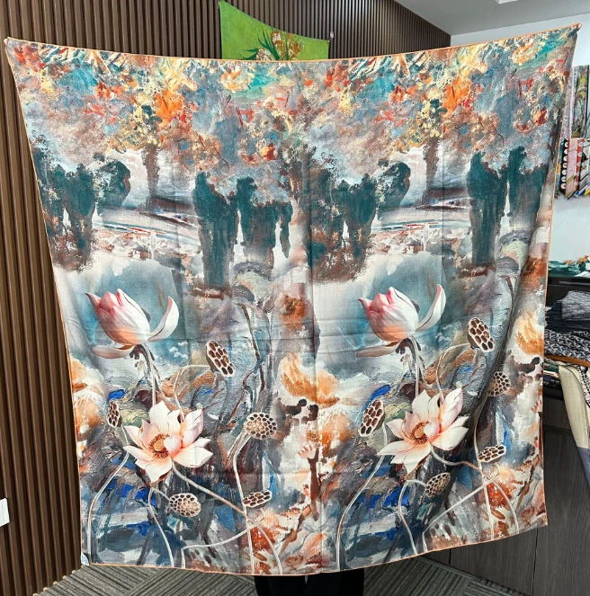 70% Cashmere 30% Silk Neckerchief Scarf Shawl Bandana 53'' lotus Print Wrap new