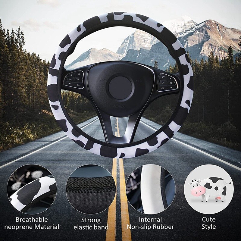 Cow Steering Wheel Cover for Women with 2PCS Car Coasters, Universal