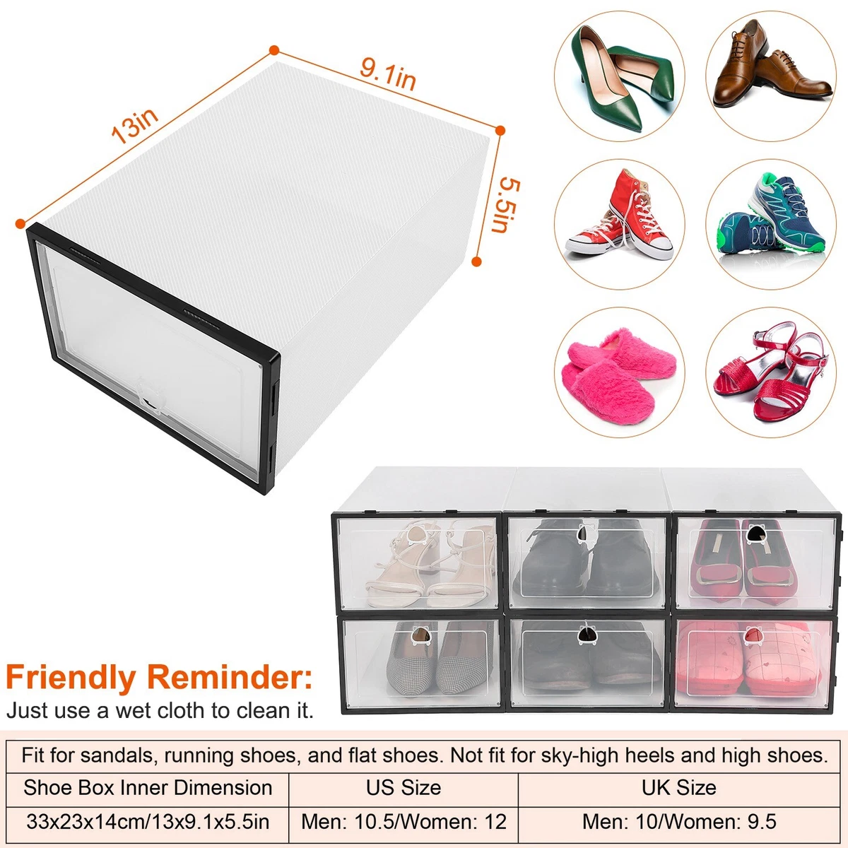 6Pcs Collapsible Shoe Box Storage Container Sneaker Cases