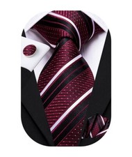 Men's Burgundy and Black Striped Tie for Wedding Formal Silk Necktie and Pock...