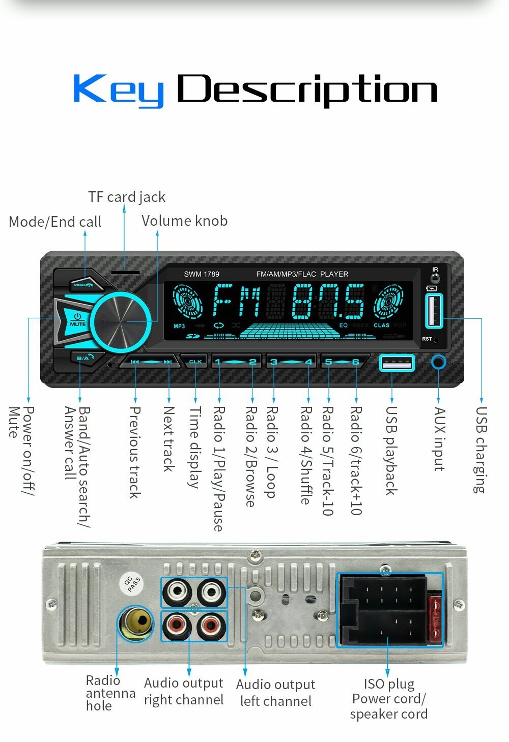 Car Radio Stereo 1Din Bluetooth AM FM Audio Head MP3/USB/AUX In-Dash ...