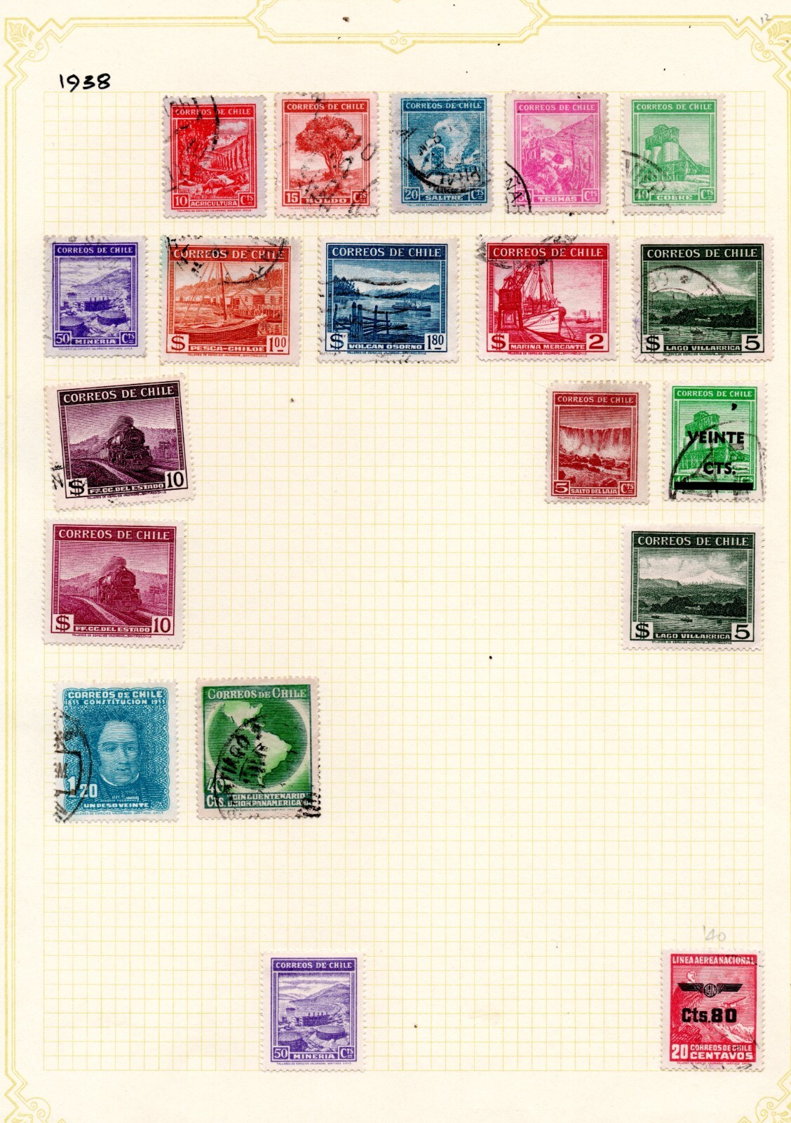CHILE, STAMPS  EN HOJA CON BISAGRA, AÑO 1938  #57