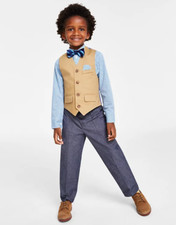 Nautica Little Boys 4-PC Shirt Twill Vest Pants Bow Tie Set Woodgrain Size 6