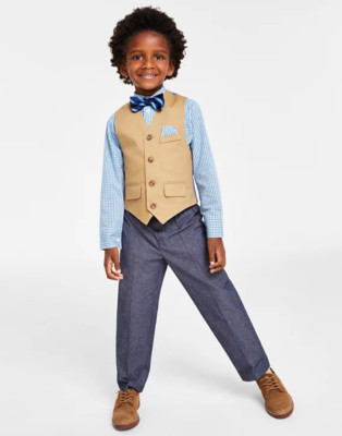 Nautica Little Boys 4-PC Shirt Twill Vest Pants Bow Tie Set Woodgrain Size 5