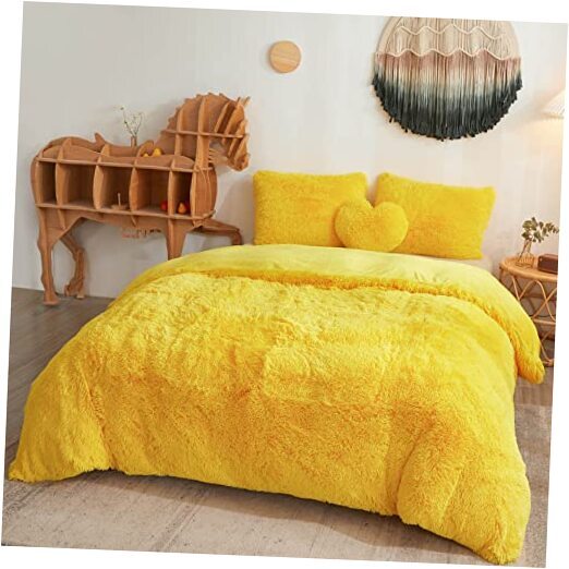 Luxury Shaggy Faux Fur Duvet Cover Set, Soft 2 PCS Fluffy Twin Yellow