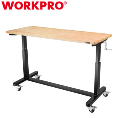 WORKPRO 60''Height Adjustable Work Table Crank Handle&Casters60''x24''Wooden Top