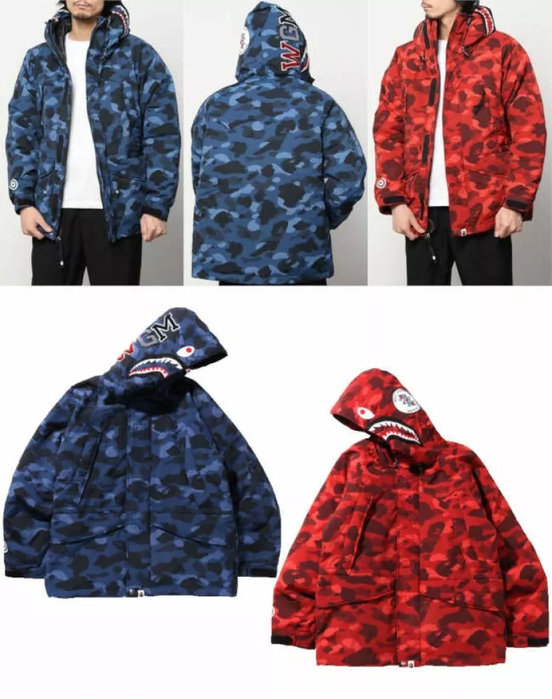 A BATHING APE Men's Snowboard Down Jacket COLOR CAMO Pattern SHARK Motif  Japan