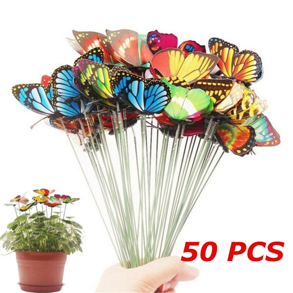 50x Colourful Butterflies Garden Stakes Home Patio Lawn Ornaments Decorations 
