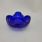 Vintage Murano Blue Art Glass Bowl Ashtray Controlled Bubbles MCM 1960s