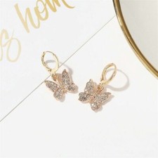 Cute New Yellow Gold Plated Crystal Butterfly Charm Mini Hoop Dangle Earrings