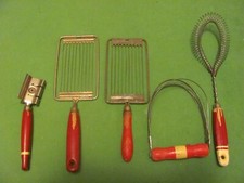 Lot of 5 Vintage Red Wood Handle Kitchen Cooking Utensils.