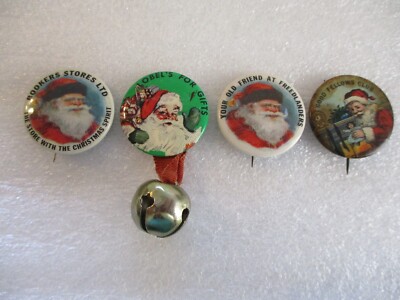 VINTAGE SET(4) PINBACK BUTTON CHRISTMAS PINS FREELANDERS OBELS BOOKERS GOOD CLUB