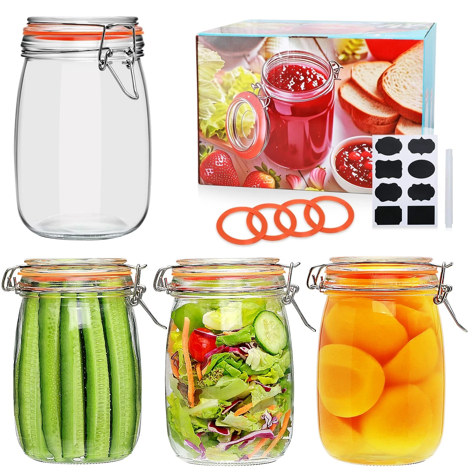 Encheng 32 oz Wide Mouth Mason Jars with Airtight 32oz-1000ml-4pack, Clear