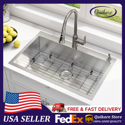 Quikore 33x22 Drop In Topmount Kitchen Sink 16 Gauge Stainless Steel with Grid