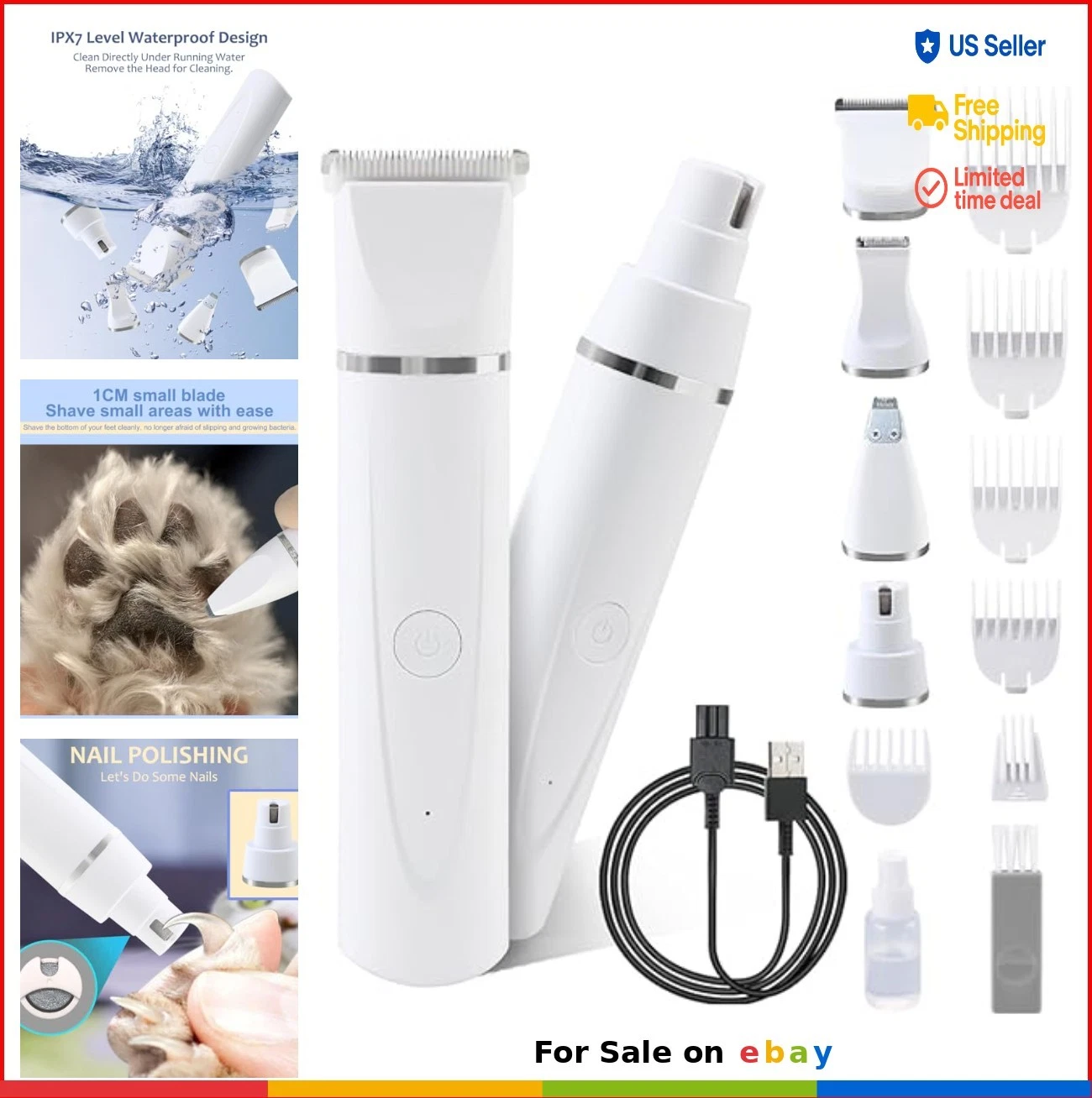 4 in 1 Dog Grooming Kit Rechargeable Low Noise Pet Clippers with Nail Grinder