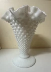 Vintage Fenton White Milk Glass Hobnail Trumpet Vase with Ruffled Edges - 6 Inch