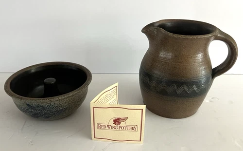Red Wing Pottery Pitcher & Apple Baker Bowl Stoneware Salt Glaze Marked MC