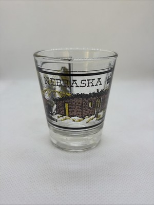 Nebraska Shot Glass Gold Black With Corn Field Wagon And Barn