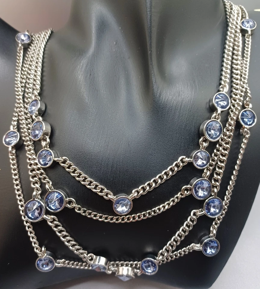 Chico's Blue Rhinestone Necklace Multi-Strand Silver Tone Rivoli Glass Stones - Image 3 of 4