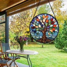 10 in. Stained Glass Sun Catcher, Blue Tree of Life Window Hanging