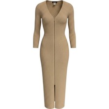 Venus Gold Metallic Ribbed Knit Full Zip Midi Sweater Dress Womens Small S