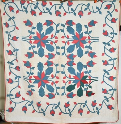 GORGEOUS Vintage 1860's Red & Green Applique / Stars Four Block Antique Quilt