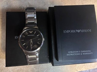 Emporio Armani Analog Quartz Watch Black Dial Steel Bracelet Date Box Manual