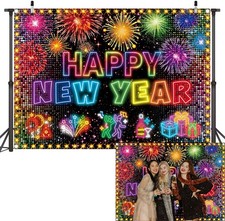 Neon Happy New Year 2026 Backdrop 2026 NYE Prom City Fireworks Photography Ba...