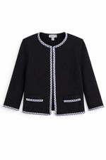 St. John Collection Wool Blend Knit Jacket Blazer Black Blue Trim 8 Open Front