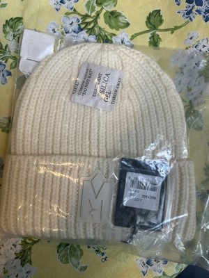 Mackage Kids Unisex Winter Beanie Hat Casual Ribbed Knit with Logo Design Cream
