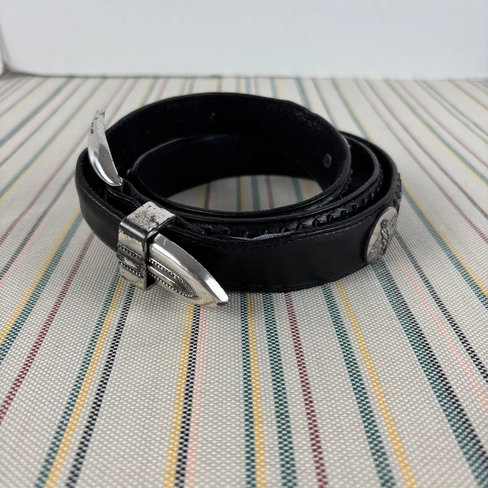 Cinturón de ónix Brighton vintage para mujer 32 negro occidental trenzado plata hebilla años 90 Foto 2 de 4