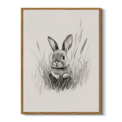 Elegant Cute Bunny Sketch Framed Canvas Wall Art, Minimalist Rabbit Sketch Ar...
